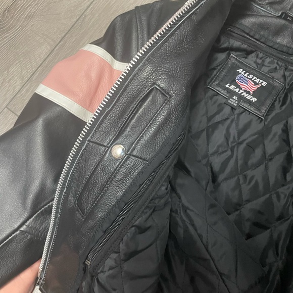 Black & pink 100% leather moto jacket with side zips removable quilted liner XL - Picture 9 of 12